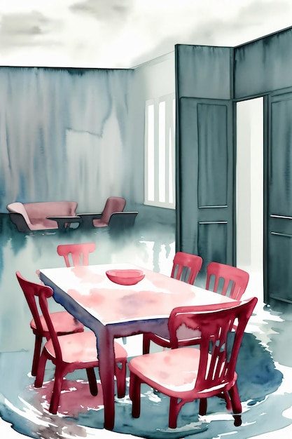 A Drawing Of A Table And Chairs In A Room