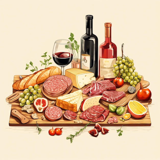 a drawing of a table with a bottle of wine and cheese