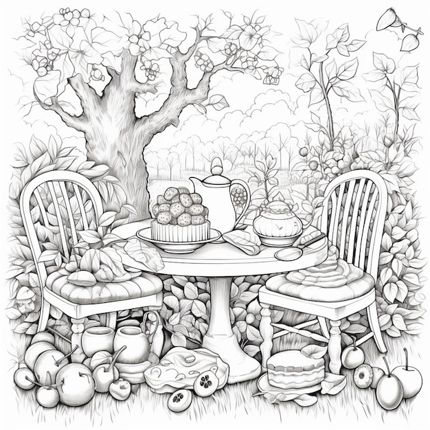 рисунок стола с миской с фруктами и двумя стульями