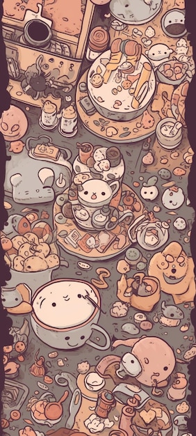 A drawing of a table with a bunch of cats and a bunch of food.