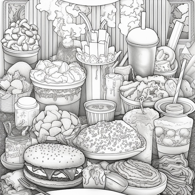 a drawing of a table with a lot of food on it generative ai