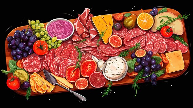 a drawing of a table with a variety of food on it