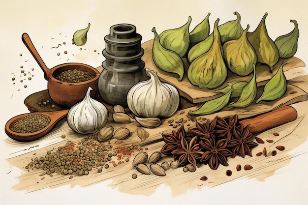 Photo a drawing of a table with various spices and a bowl of coffee.
