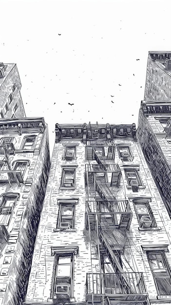 Drawing of Tall Building With Many Windows