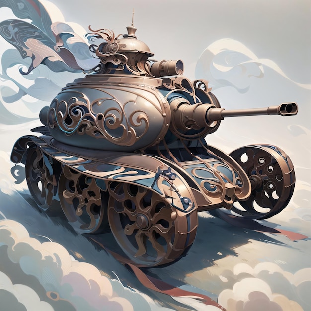 A drawing of a tank with a gold design