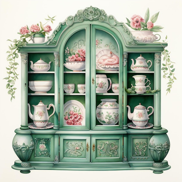 a drawing of a tea room with a green cabinet with a vase with flowers and a picture of flowers.