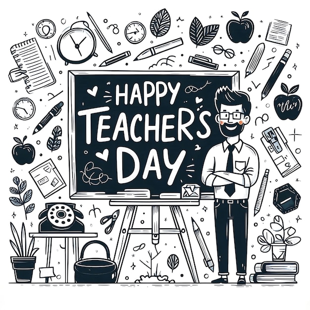 a drawing of a teachers day day poster with a man standing in front of a board that