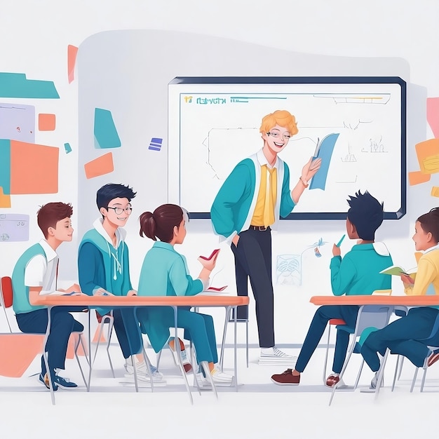 a drawing of a Teachers and a group of students in a classroom with a whiteboard