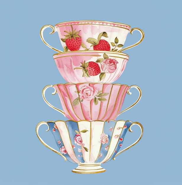 a drawing of a teacup and a cup with the words strawberry on it