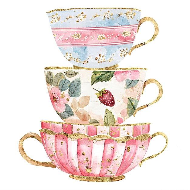 Photo a drawing of a teacup and teacups with flowers on the bottom