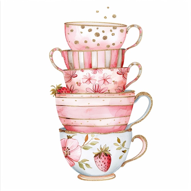 Photo a drawing of teacups with flowers on them