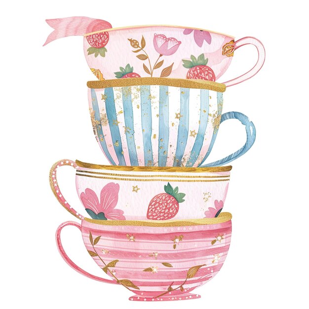 Photo a drawing of a teacups with a strawberry on the bottom