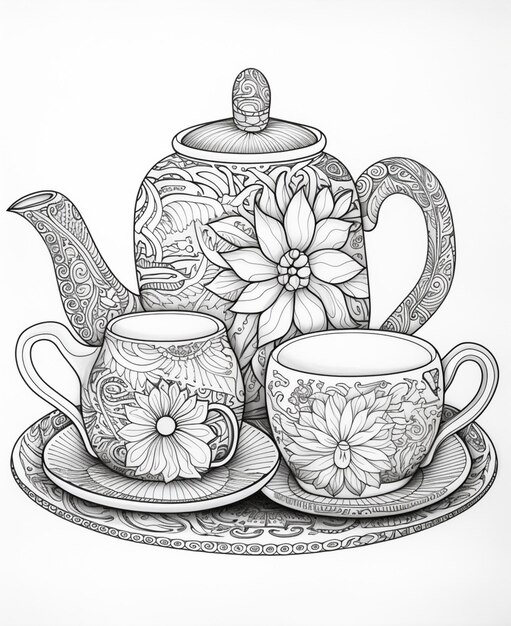 Photo drawing of a teapot and two cups on a plate generative ai