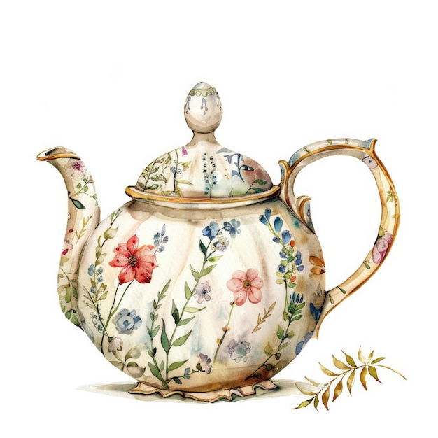 Photo a drawing of a teapot with a floral pattern and a bird on the bottom