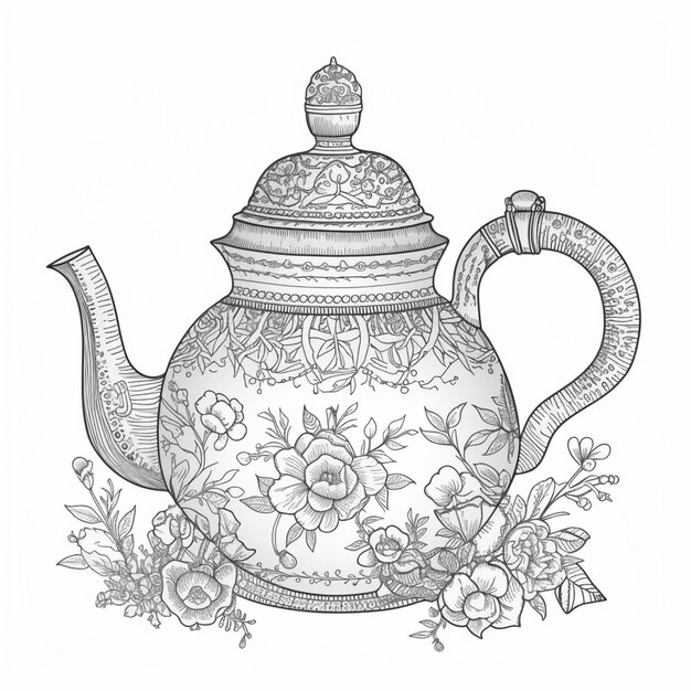 a drawing of a teapot with flowers and a bird on top generative ai