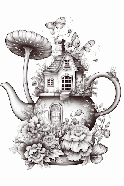 a drawing of a teapot with a house and flowers generative ai