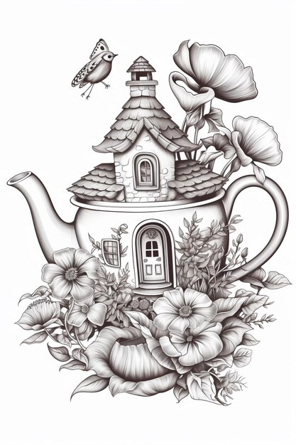 a drawing of a teapot with a house and flowers generative ai