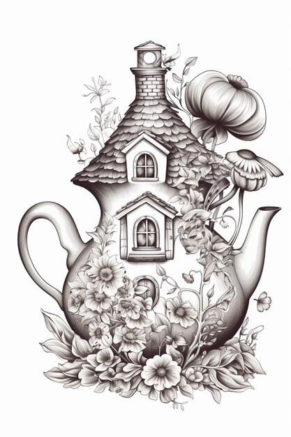 a drawing of a teapot with a house and flowers generative ai