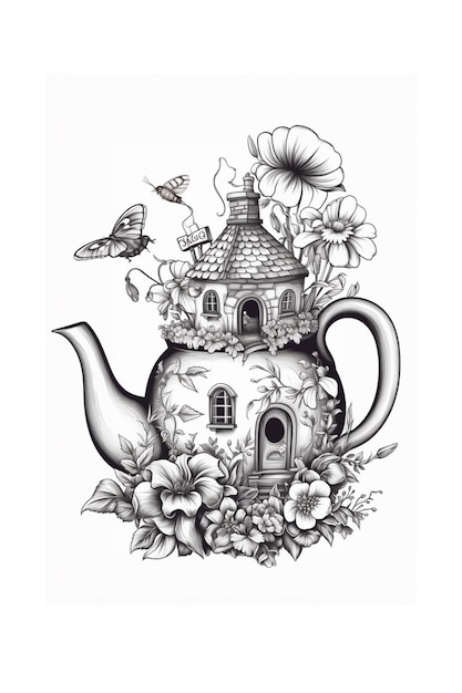 a drawing of a teapot with a house and flowers generative ai