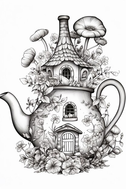 a drawing of a teapot with a house in the middle generative ai