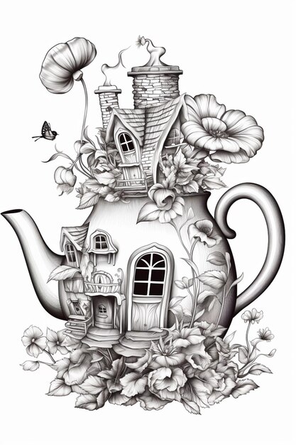 a drawing of a teapot with a house on top of it generative ai