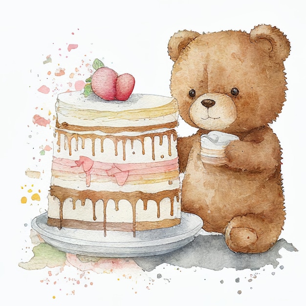 Drawing Teddy Bear Cake Tea Suitcase Watercolor Generative AI