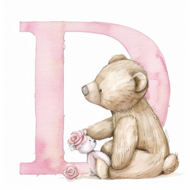 Foto un disegno di un orsacchiotto e fiori con una lettera rosa p