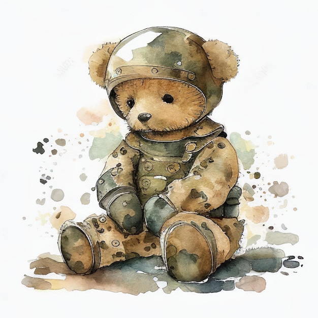 Drawing Teddy Bear Military Uniform Sitting Watercolor Generative AI