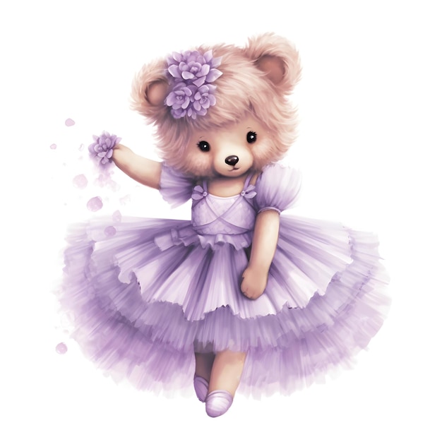 a drawing of a teddy bear in a purple dress with purple flowers.