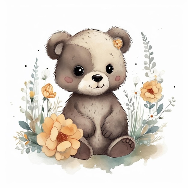 꽃밭에 앉아있는 테디 베어의 그림.