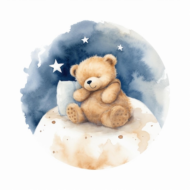 Photo a drawing of a teddy bear sitting on a moon with a star on it.