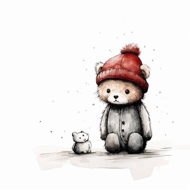 drawing of the teddy bear standing in the white background with a red cap and a black cat nose