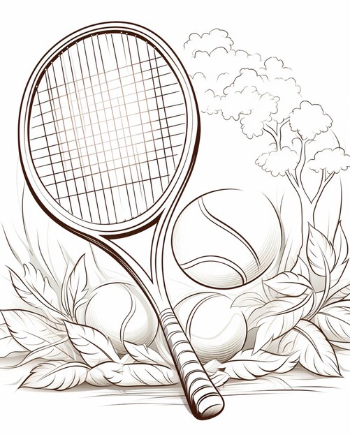 Photo drawing of a tennis racket and balls with leaves generative ai