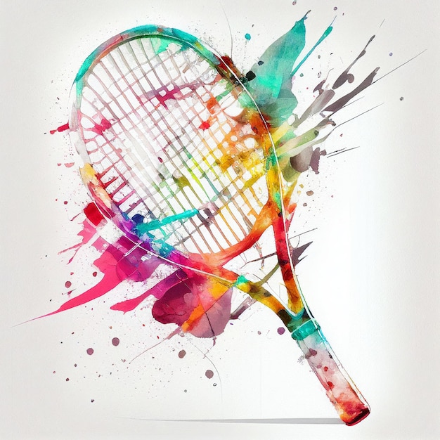 写真 テニス ラケット ペンキの描画 白地に水彩 ジェネレーティブ ai