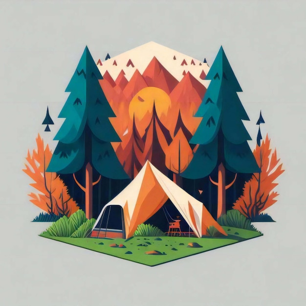 A drawing of a tent in a forest with mountains in the background.