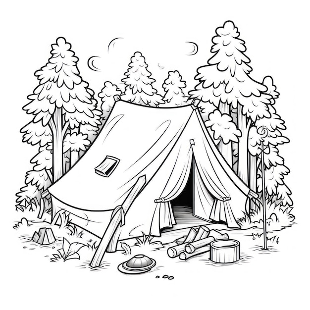 a drawing of a tent with a picture of trees and a forest in the background.