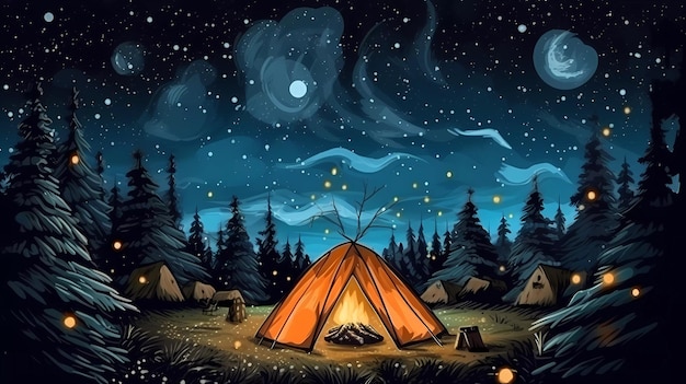 A drawing of a tent in the woods with a night sky and the moon in the background.
