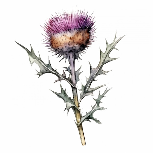 A drawing of a thistle with leaves and stems.