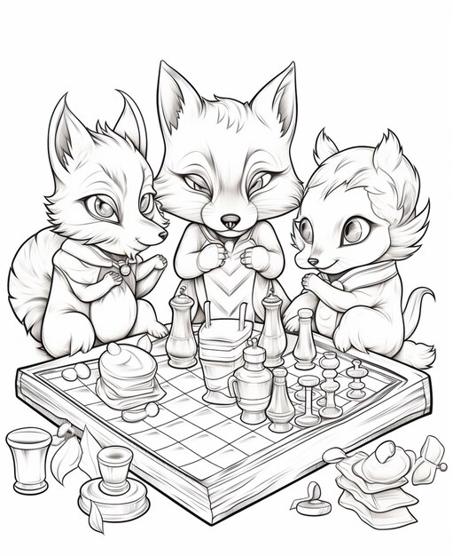 Photo a drawing of three cats playing chess with cups and cups generative ai