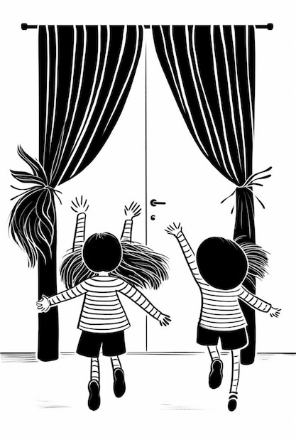 a drawing of three children looking at a door with the words " the word " on it.