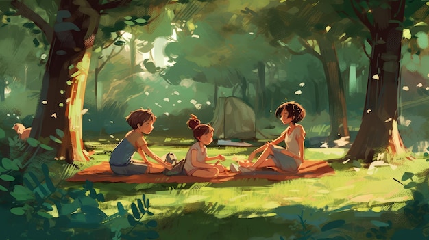 A drawing of three children sitting on a log in a forest.