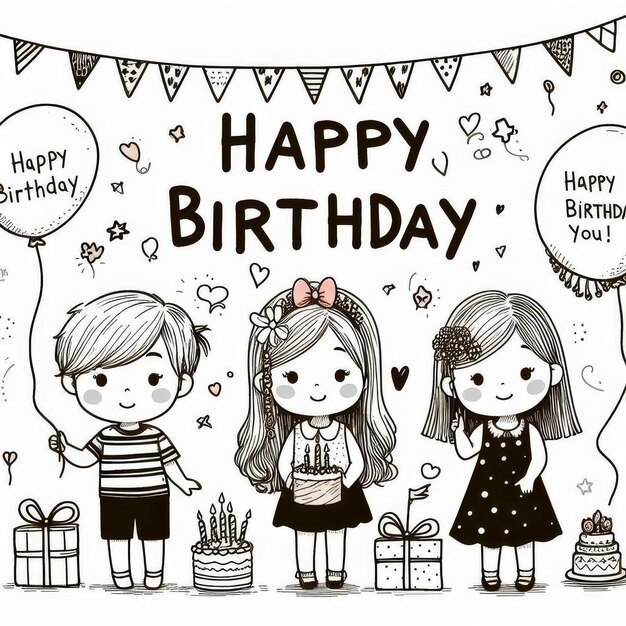 Photo a drawing of three children with a banner that says happy birthday