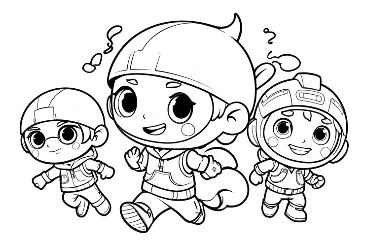 Photo カートゥーンキャラクターを描いた3人の子供の絵でその上にの言葉が描かれています