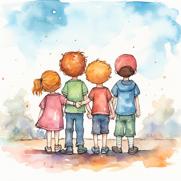 a drawing of three children with one of them has a blue sky behind them