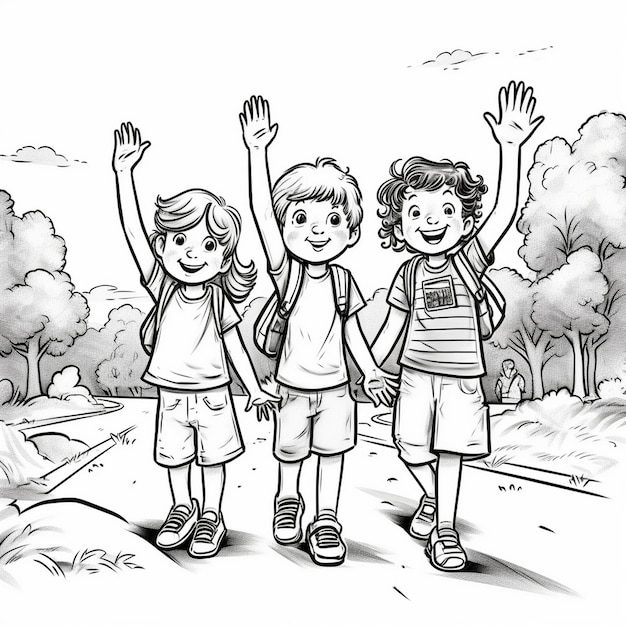 a drawing of three children with their arms raised in the air.