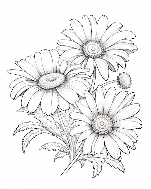 a drawing of three daisies with leaves and flowers generative ai