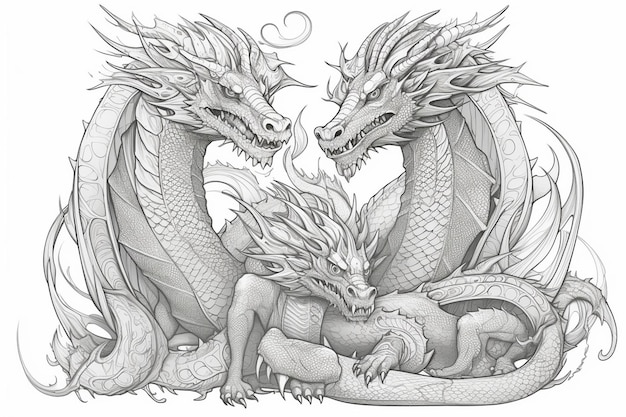 A drawing of three dragons with the word dragon on the front.