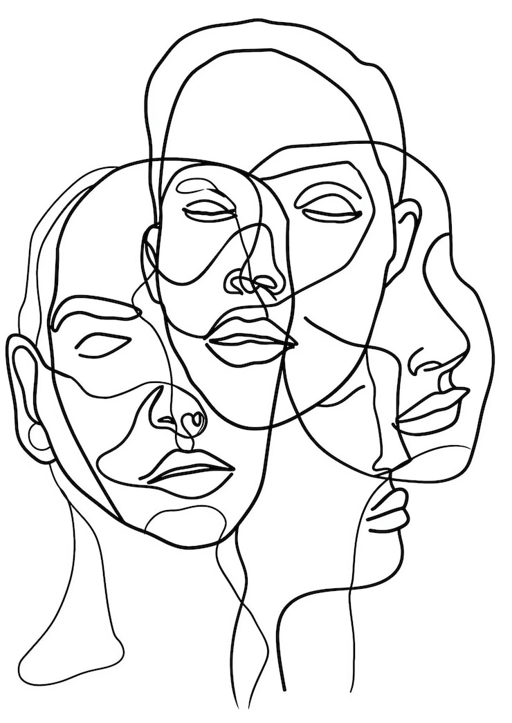 Photo a drawing of three faces with one being drawn by a man