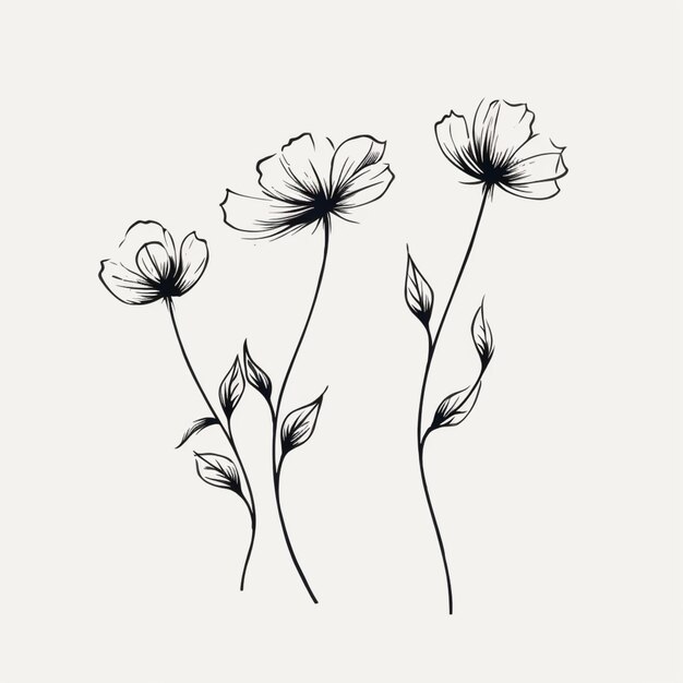 a drawing of three flowers with leaves on a white background generative ai