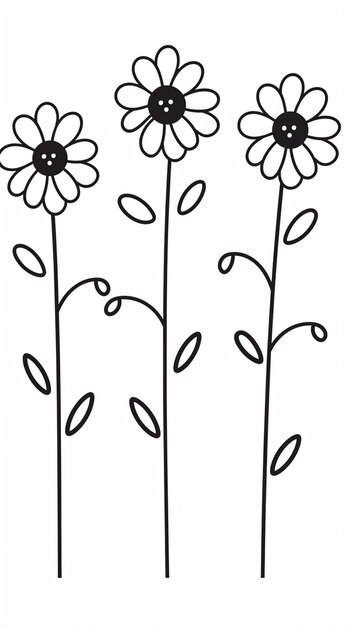 a drawing of three flowers with leaves on a white background generative ai